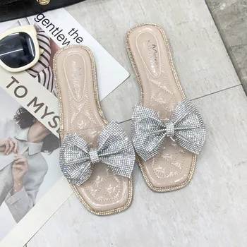 Móda drahokamu flitrami ploché papuče ženy 2019 lete nové divoké transparentné luk mimo sebe plážové sandále C1292