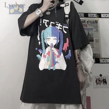 Liči Harajuku dámske Topy Japonské Kreslené Dievča, Príležitostné Tlače T-shirt kórejský Tmavé Anime Módne Voľné Letné Ženy T-Shirt