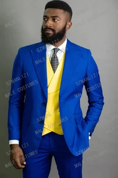 Nové pánske Kráľovská Modrá Slim Fit 3 Kusy Módne Farby Žltý Dvojitý Breasted Vesta Tuxedos Pre Mužov Svadobný Oblek Najlepší Muž Sako