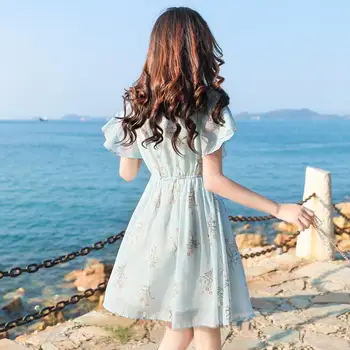 Šifón Šaty Žien Nové Letné Ženy Kórejské Oblečenie Móda Bežné Kvetinové Šaty