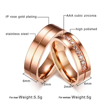ZORCVENS Trendy Kapely Svadobné Prstene pre Ženy / Muži Milujú Rose Gold-farba Nehrdzavejúcej Ocele CZ Sľub Šperky aliancie anel