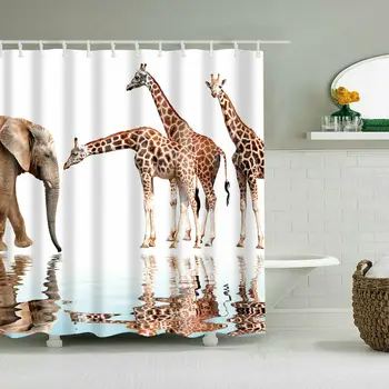 Sprchový Záves Umenie Kúpeľňa Decor Zvieratá Žirafa a Slon Design, Záclony