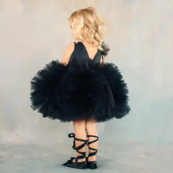 Nové Vlastné Baby Girl Dress Black Tylu Backless Koleno Dĺžke Dieťa Batoľa Narodeniny Šaty Princezná Party Šaty Nový Rok pre Dievča