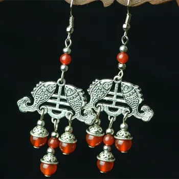 Jedinečný Tibetskej Dvojitý Strieborný Ryby Fortune-prináša Krásne Lesklé Prírodné Červená brána Korálky Handmade Náušnice Etnických Šperky