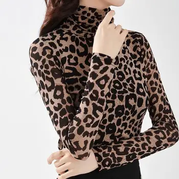 Ženy Blúzky Ženy Leopard Tlač Tričko Turtleneck Blúzka Žena Top Zimné Dámske Tričko S Dlhým Rukávom Dámske Oblečenie Žien Top