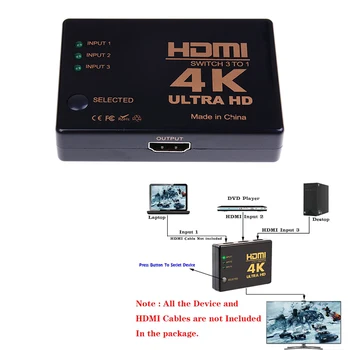 3 Port HDMI Prepínač 4K*2K Switcher Splitter Výber Box Ultra HD DVD HDTV Xbox, PS3, PS4