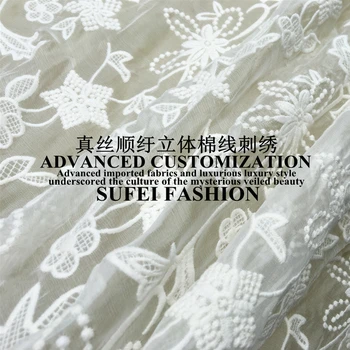 120 cm široký biely kvetinový embroideried hodváb, bavlna čistý čipky svadobné šaty cheongsam textílie S144