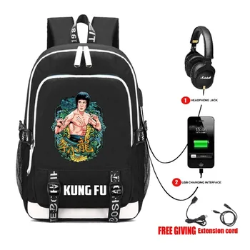 Multifunkčné USB nabíjanie Slúchadiel, Batohy Teenagerov Taška cez Rameno Čínskej Kung-Fu Bruce Lee Batoh Deti Aktovka
