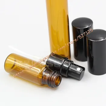 3ml/5ml/10 ml, hnedá/žltá sklenené fľaše s lesklé čierne hliníkové postrekovač,hmla, sklenené fľaše. cestovné puzdra parfum fľašu