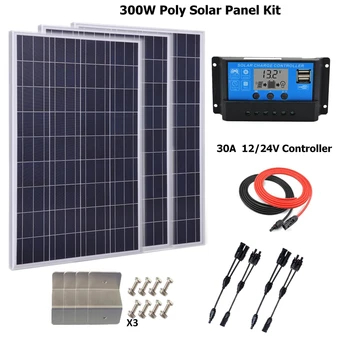 300w Solárny Panel Polykryštalických solárnych panelov systém auta: w/30A LCD solárny regulátor nabíjania, solárny kábel, Z držiaka