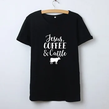 Ježiš Kávy Dobytka T Shirt Ženy Lete Vytlačené Krátky Rukáv Bavlna Tee Tričko Femme O-krku Voľné Čierna Biela T-shirt Ženy Top