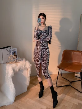 Retro Leopard Tlač Šaty tvaru, Dlhý Rukáv, Slim-fit Hip Velvet Mini Šaty Ženy