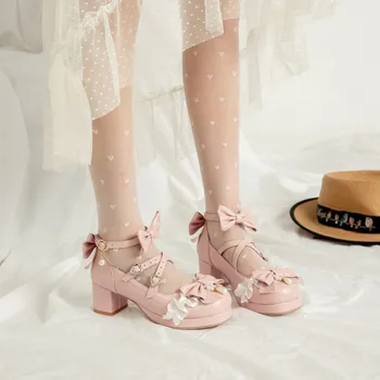 Ochanmeb veľké plus veľkosť 46 47 48 12 dámske topánky blok podpätky platformy kolo prst luk-uzol perly volánikmi cosplay Lolita topánky nuda