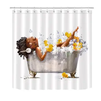 Kúpeľňa Sprchový Záves Mladých Afrických Žena v Kúpeli s Kačica Hračky Sprchové Závesy Čierny Dievča Odolné Tkaniny Vaňa Opony