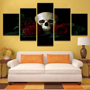 Steny Umenie Maľovať Obrázky Vytlačené Plátno Modulárny Plagát 5 Panel Červené Ruže Lebky Plagát Halloween Domova Moderné Umelecké Diela