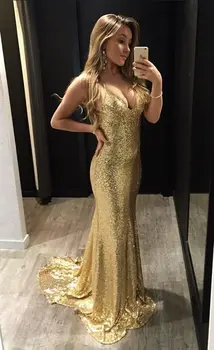 Zlaté Flitre Večerné Šaty Backless Iskrivý Večerné Šaty Vybavené Dlho Štúdia Prom Šaty 2019 Sexy V Krku Party Šaty