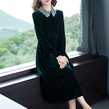 COIGARSAM 3XL Plus Veľkosť francúzsky Štýl Plný Rukáv Ženy šaty Nové Vintage Šaty Tmavo Zelená 8809