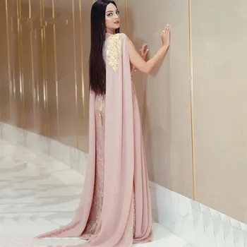 Ružová Moslimských Večerné Šaty A-riadok tvaru Šifón Appliques Korálkové Marocký Kaftan Islamskej Dubaj Saudskej arabčina Dlhé Večerné Šaty