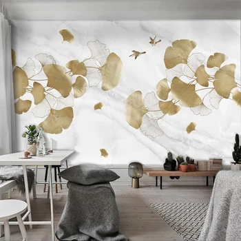 Vlastné Nástenné Tapety 3D Zlatý Ginkgo Leaf Vták Mramorové Steny Papier Obývacia Izba Gauč TV Spálňa Pozadí Dekor Abstraktných De Parede
