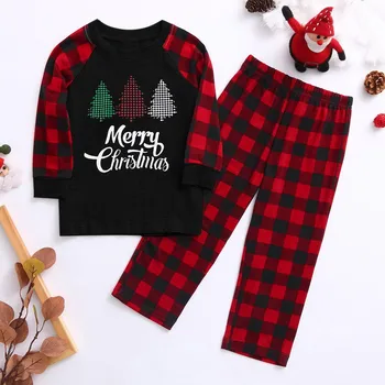 2020 Vianočné Pyžamo Rodiny Módne Vianoce List Pléd, Tlač Dlhý Rukáv Tričko + Nohavice Sleepwear Rodiny Zodpovedajúce Oblečenie
