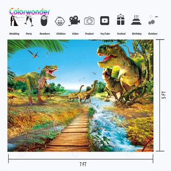 Fotografia v pozadí dinosaura blue sky river forest kulisu pre chlapec, 1. narodeniny, party prispôsobené pozadia pre photo studio