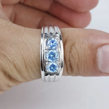 925 Sterling Silver Prst Prsteň pre Mužov s 3-kamenné Sky blue Cubic Zirconia CZ Kryštálmi Šperky R519