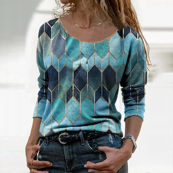 Móda Vintage Ženy Dlhý Rukáv O Krk Geometrické Hexagon Tlačiť T-shirt, Blúzky, Top Elegantný Pulóver Streetwear Zena Top