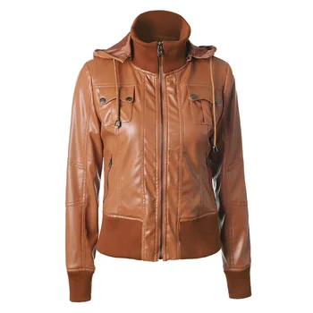 Európska a Americká krása rebra, šitie kapucňou šnúrkou vysoká krku zips PU kožené motocykel bunda jacket ženy