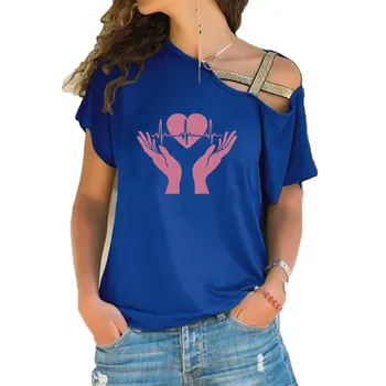 Vtipné Srdcový Tep v Rukách Tlačiť T-shirt Ženy Kreatívne Grafické Tee letné oblečenie Veľká Veľkosť Nepravidelný Skosenie Kríž Obväz Čaj