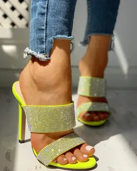Žena, Strán, Svadby Čerpadlá Listov Plus Veľkosť 41 Sexy Yellow Crystal Sandále Ženy Lete Roku 2020 Stiletto Päty Gladiator Topánky
