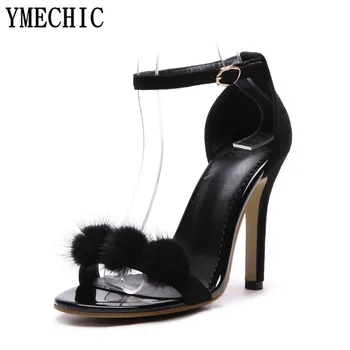 YMECHIC 2018 Stručné Sexy Kožušiny Loptu Vysokým Podpätkom Sandále Kryt Náklon Členok Popruh Dámske Topánky Letné Žena Obuv Sandal Plus Veľkosť