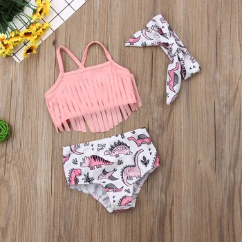 2021 Nové Baby Girl Fashion Bikini Set Plavky, Plavky Strapec Top Dinosaura Vytlačené Nohavičky Čelenka 0-24M Deti plavky