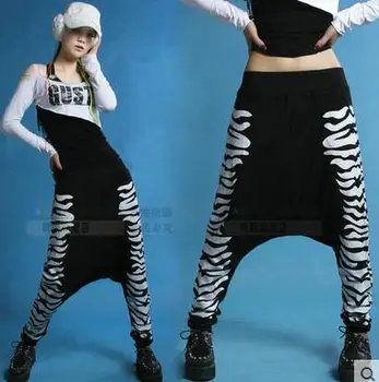 2017 New Jazz hárem Dospelých Dievča je hip hop nohavice asymetrické čierne a biele prúžok dance doodle Nohavice voľné Bežné sweatpants