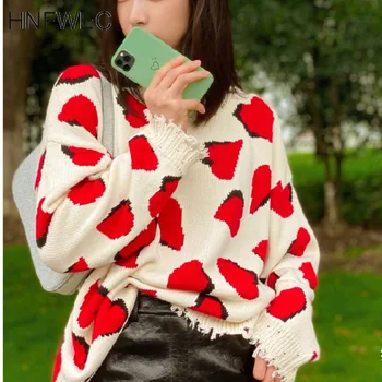 Bežné sveter pre ženy o krk dlhý rukáv tlač hit farba Rozštiepené ročník veľkej veľkosti voľné Pletenie svetrov žena 2020 K579