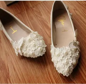Čipky bytov topánky pre ženy slonoviny svadobné svadobné bytov topánky ručne vyrábané plus veľkosť motýľ nevesty čipky kvet bytov topánky ženy
