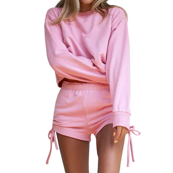 Jeseň Ženy Sady 2020 Bežné Dlhý Rukáv Plodín Top Shirt Voľné A Biker Šortky Domov Šnúrkou Dve Dielna Sada Sexy Ružové Oblečenie