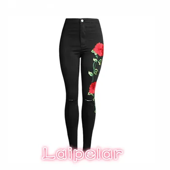 Jarná móda vintage čierna vysoký pás džínsy žena kvet vyšívané rifle pre ženy denim chudá ceruzkou nohavice žena