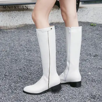MNIXUAN Topánky Žena Militaris módne zimné čierne platformy stehna vysoké topánky ženy západných gotických topánky blok päty biele topánky