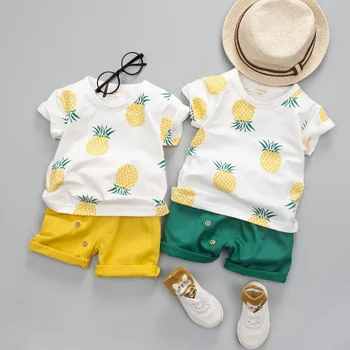 Baby Boy Šaty 2020 Ananás Tlačiť T-shirt Top A jednofarebné Bežné Šortky Dvoch-dielny Oblek Baby Girl Bavlnené Šaty, Oblek