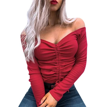 2020 Nový Príchod Sexy Slim Fit Tee Ženy Móda Bežné Farbou Šnúrkou Tričko Dlhý Rukáv Pletené Topy