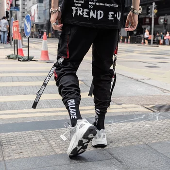 Muži Hip Hop Veľké Vrecko Pásky Pracovné nohavice módne Značky Harajuku Hárem Nohavice streetwear Cargo Taktické Nohavice