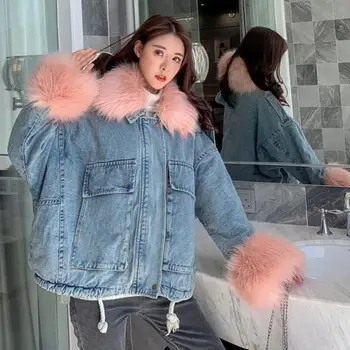 Zimné kórejský štýl voľné hrubé luxusný parník veľké kožušiny golier denim bavlnená bunda krátka srsť