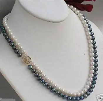 Nové Beautiful2 riadkov 7-8mm čierna biela usadenina Pestovanie perlový náhrdelník náušnice nastaviť