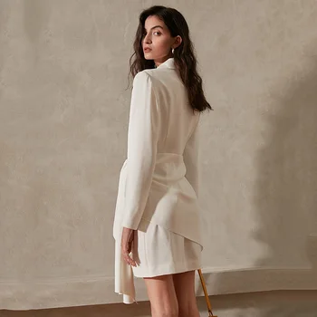 Vráskavá Ženy Biela Nepravidelné Rozdelenie Šaty Nové tvaru Dlhý Rukáv Loose Fit Módne Príliv Jar Jeseň 2021 1DD1018