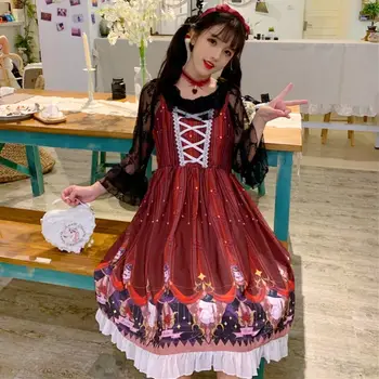 Kawaii sladké lolita šaty čipky roztomilý tlač vintage čipky bowknot bez Rukávov šaty kawaii dievča gothic lolita jsk loli cosplay