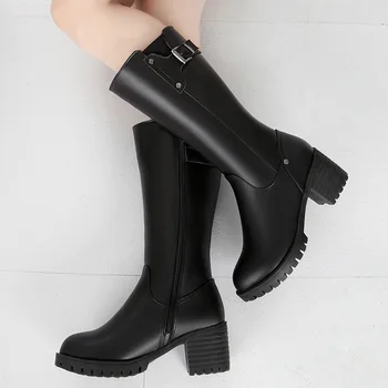 Black fashion zimné topánky ženy zip Kovové dekorácie teľa topánky námestie päty klasické dámske originálne kožené topánky u529