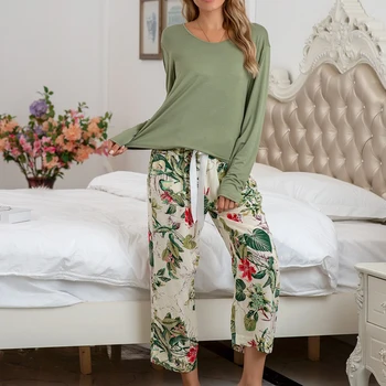 Ženy Pyžamo Nastaviť Plus Veľkosť S-4XL Jeseň Jar Modálne Útulný Pyžamá Ženy Tlač Vzor Bežné Bowknot Pijama Mujer Sleepwear