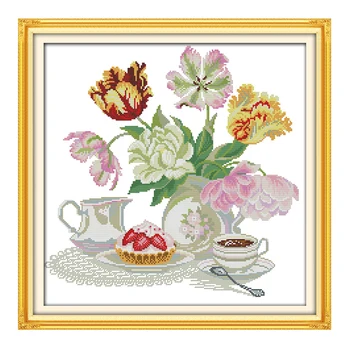 JoySunday cross stitch Popoludní čaj, dezert kvet, káva vaseDMC14CT11CTcotton vyšívanie, obývaciu izbu reštaurácia hotel maľovanie