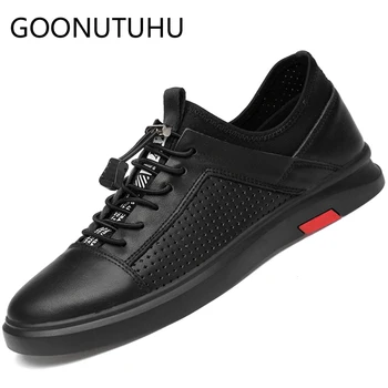 2019 nové módne pánske topánky bežné pravej kože male byty tenisky white & black obuvi muž priedušné topánky platformu pre mužov