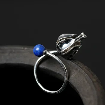 925 Striebro Prstene pre Ženy Originálny Dizajn Vykladané Lapis Lazuli Kvet Otvára Krúžok Žien Starožitné Krúžok Jemné Šperky